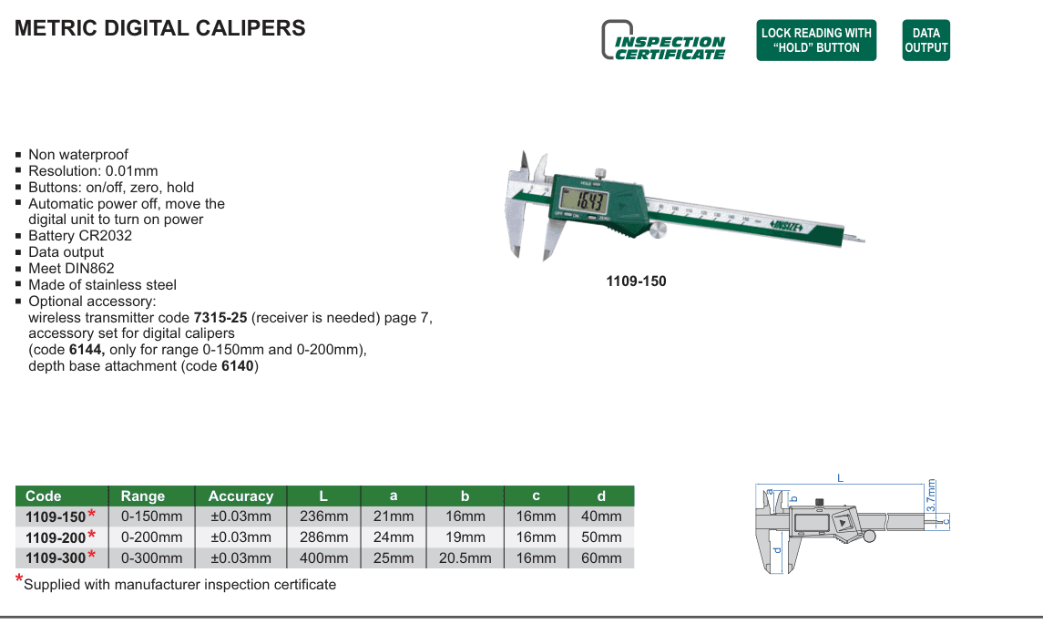 INSIZE Metric Digital Calipers (1109-150)