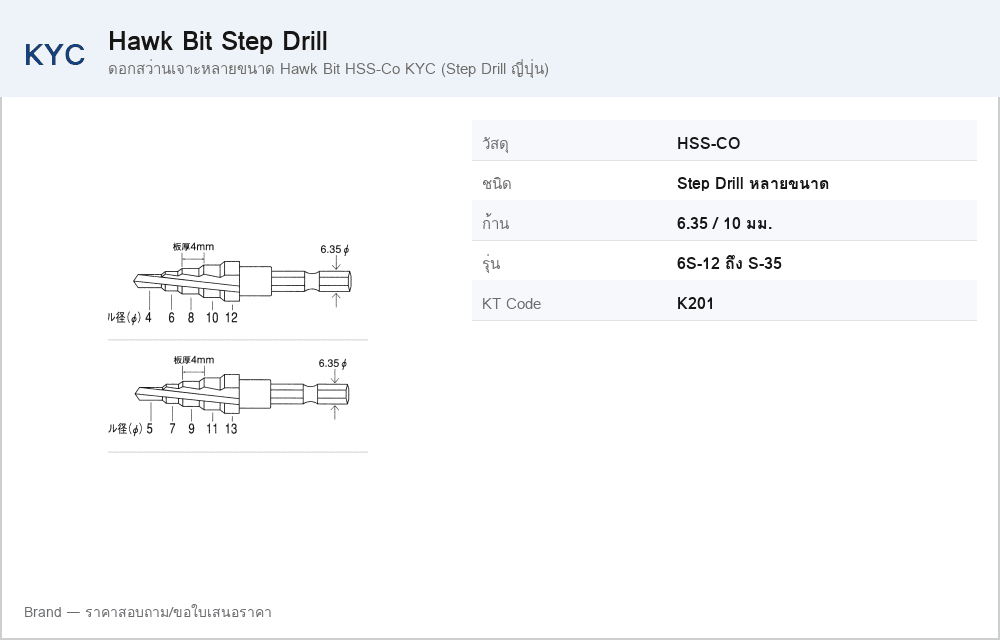 ดอกสว่านเจาะหลายขนาด Hawk Bit HSS-Co KYC (Step Drill ญี่ปุ่น)
