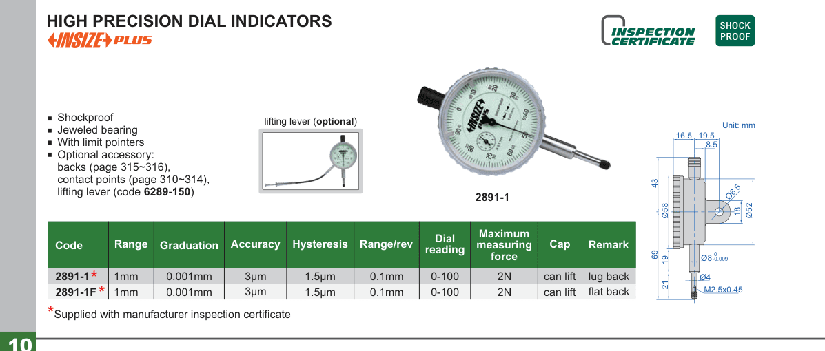 INSIZE High Precision Dial Indicators (2891-1)