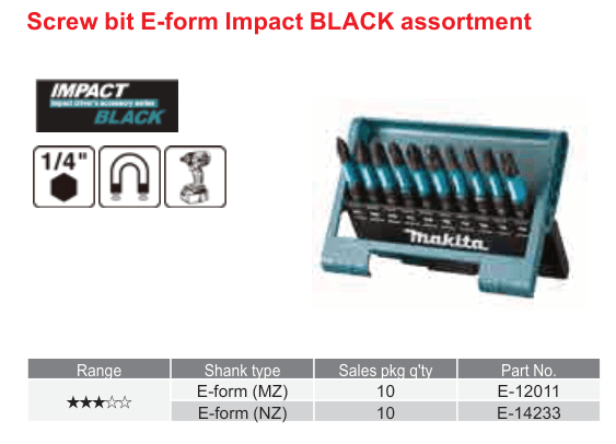 อุปกรณ์เสริม Makita — Screw bit E-form Impact BLACK assortment