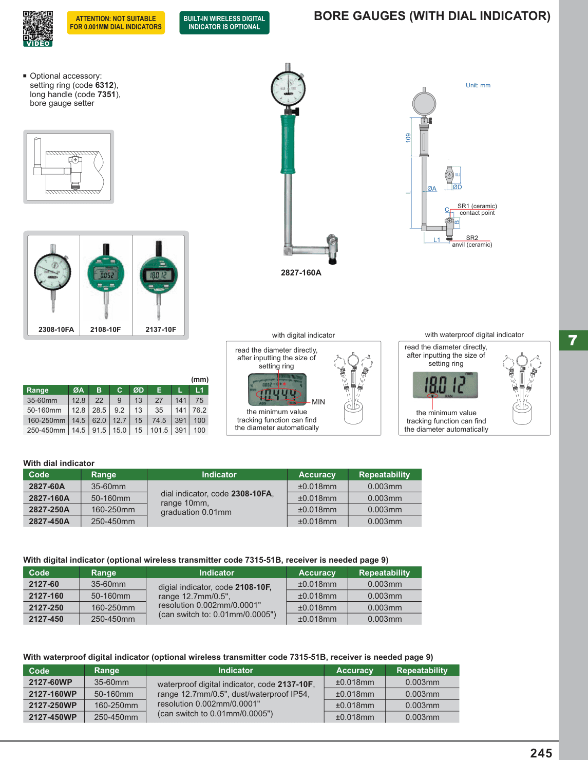 INSIZE Bore Gauges (With Dial Indicator) (2827-160A)