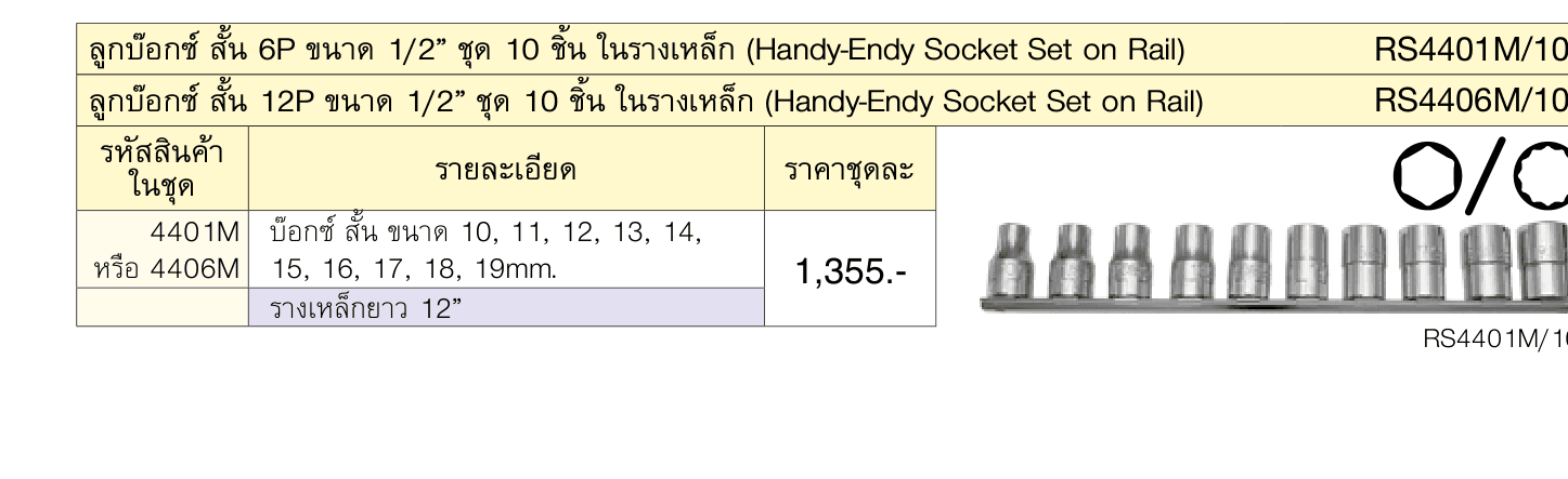 ลูกบ๊อกซ์ สั้น 6P ขนาด 1/2” ชุด 10 ชิ้น ในรางเหล็ก (Handy-Endy Socket Set on Rail)