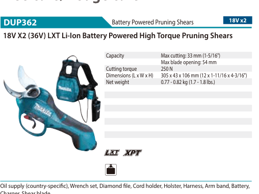 กรรไกรตัดแต่งกิ่งไร้สาย Makita DUP362 18Vx2