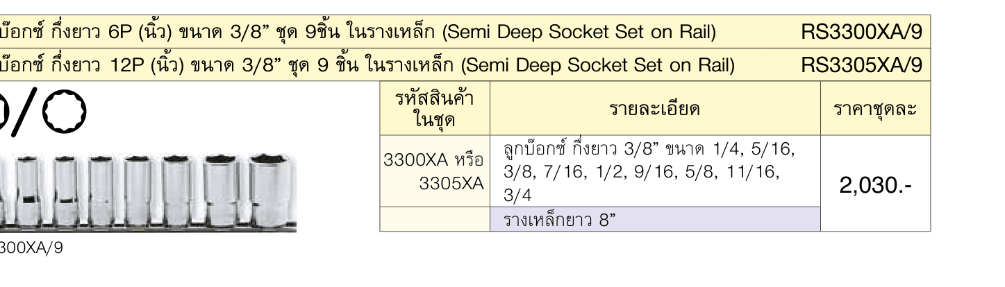 ลูกบ๊อกซ์ กึ่งยาว 12P (นิ้ว) ขนาด 3/8” ชุด 9 ชิ้น ในรางเหล็ก (Semi Deep Socket Set on Rail)