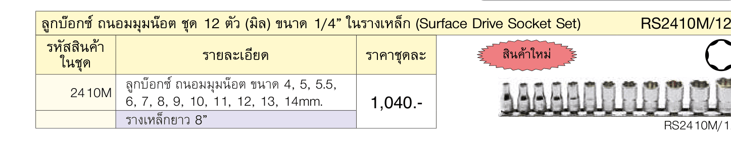 ลูกบ๊อกซ์ ถนอมมุมน๊อต ชุด 12 ตัว (มิล) ขนาด 1/4” ในรางเหล็ก (Surface Drive Socket Set)