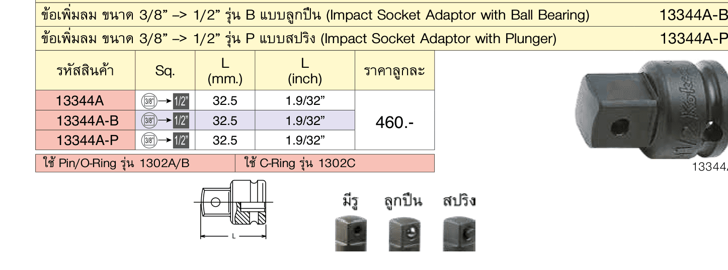 ข้อเพิ่มลม ขนาด 3/8” --> 1/2” รุ่น P แบบสปริง (Impact Socket Adaptor with Plunger)