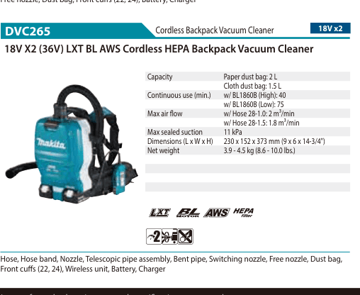 Dust management Makita DVC265