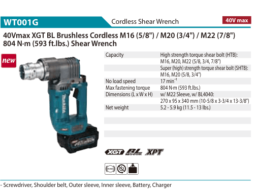 ประแจเฉือนโบลท์ไร้สาย Makita WT001G