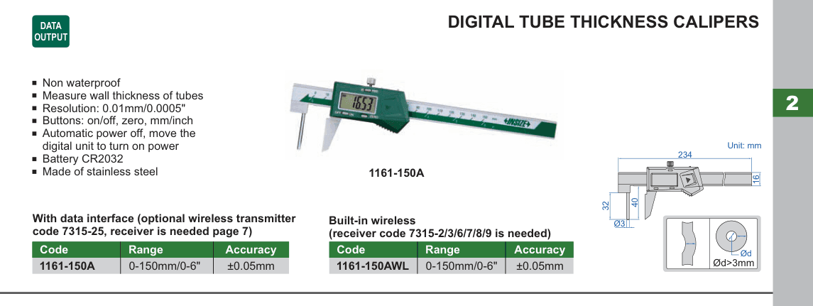 INSIZE Digital Tube Thickness Calipers (1161-150A)