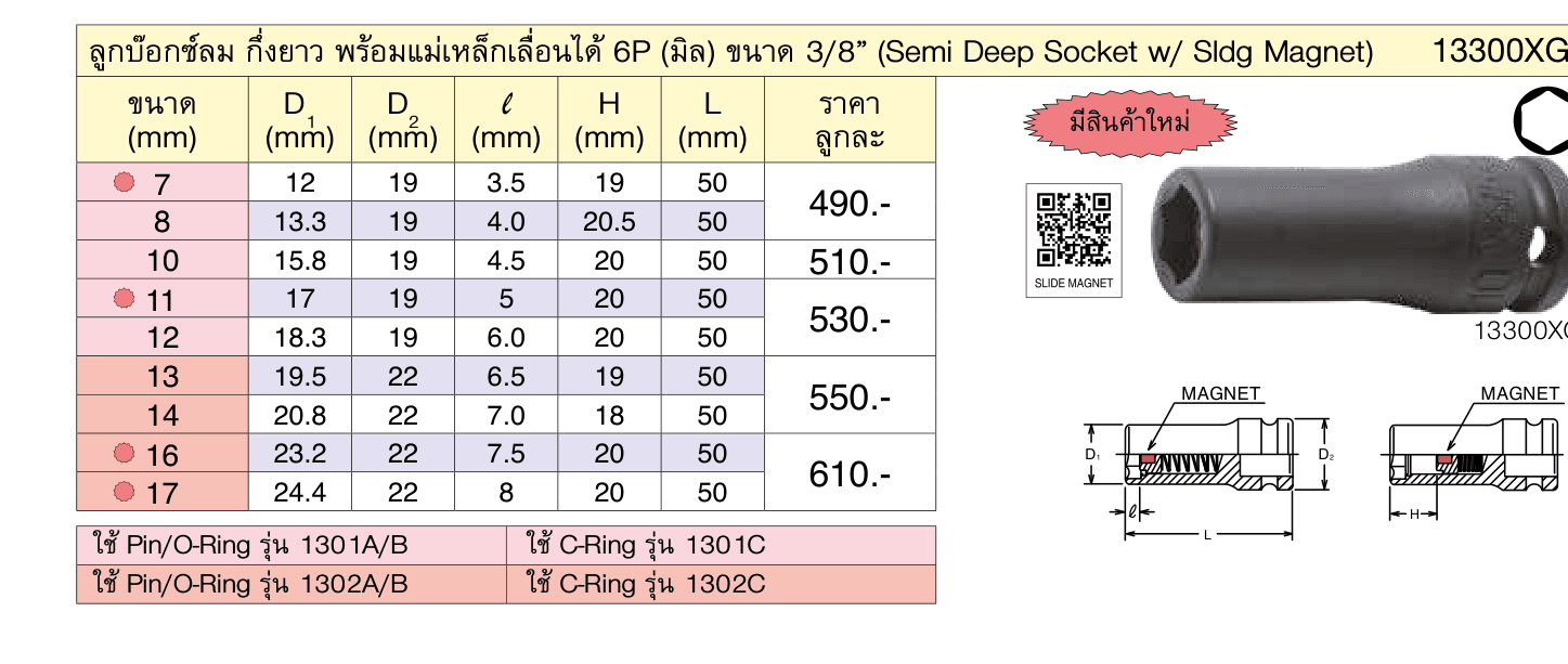 ลูกบ๊อกซ์ลม กึ่งยาว พร้อมแม่เหล็กเลื่อนได้ 6P (มิล) ขนาด 3/8” (Semi Deep Socket w/ Sldg Magnet)