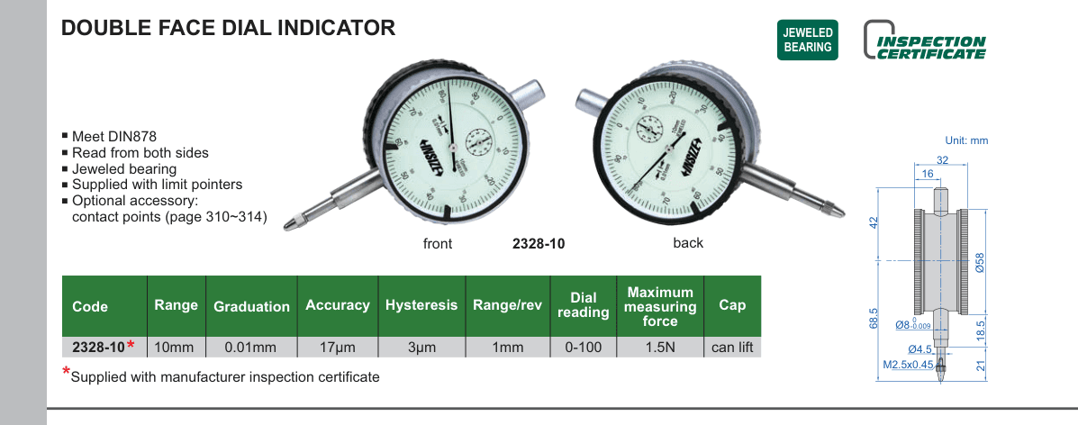 INSIZE Double Face Dial Indicator (2328-10)