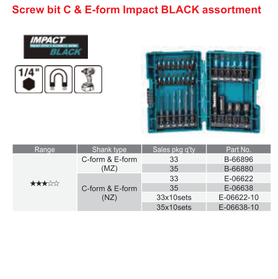 อุปกรณ์เสริม Makita — Screw bit C & E-form Impact BLACK assortment