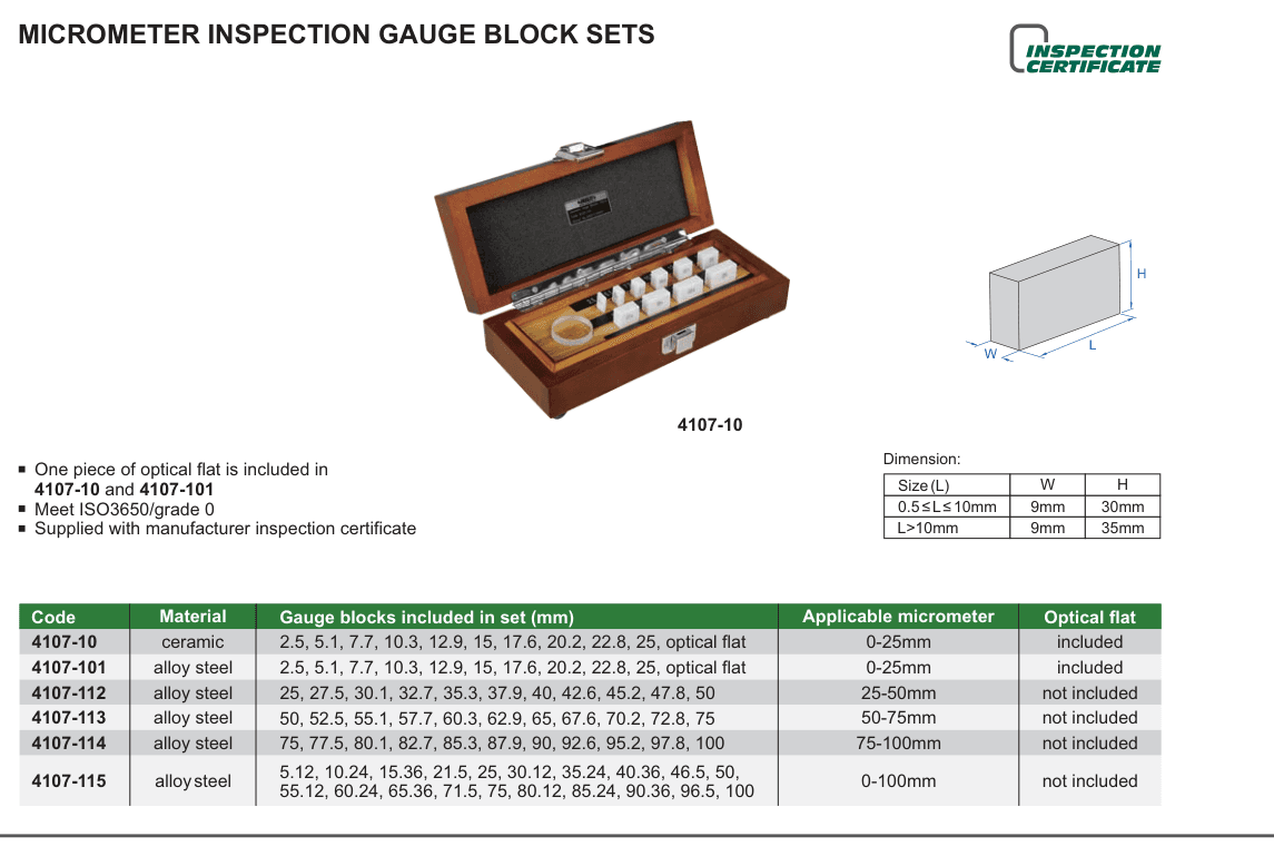 INSIZE Micrometer Inspection Gauge Block Sets (4107-10)