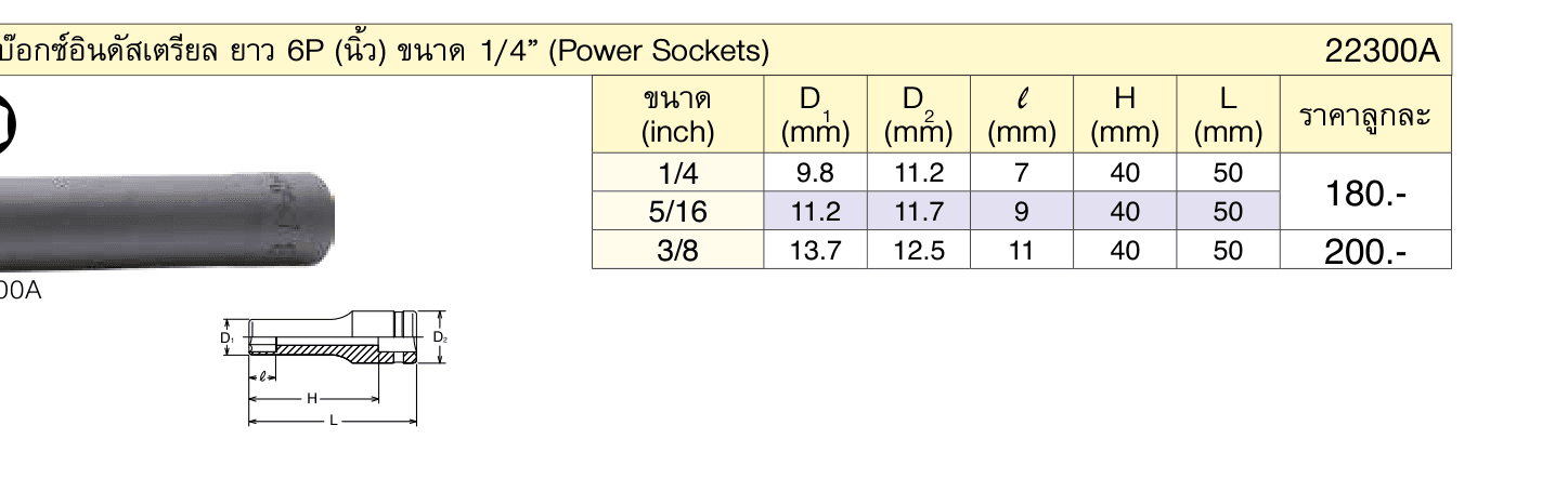 ลูกบ๊อกซ์อินดัสเตรียล ยาว 6P (นิ้ว) ขนาด 1/4” (Power Sockets)