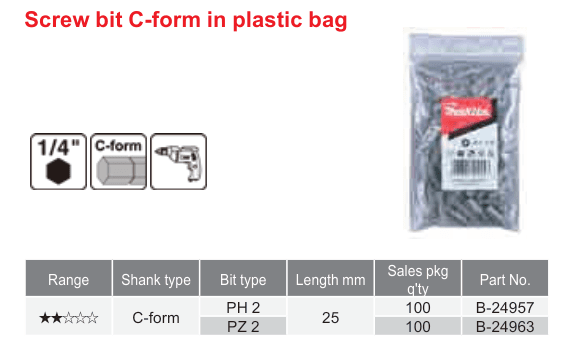 อุปกรณ์เสริม Makita — Screw bit C-form in plastic bag