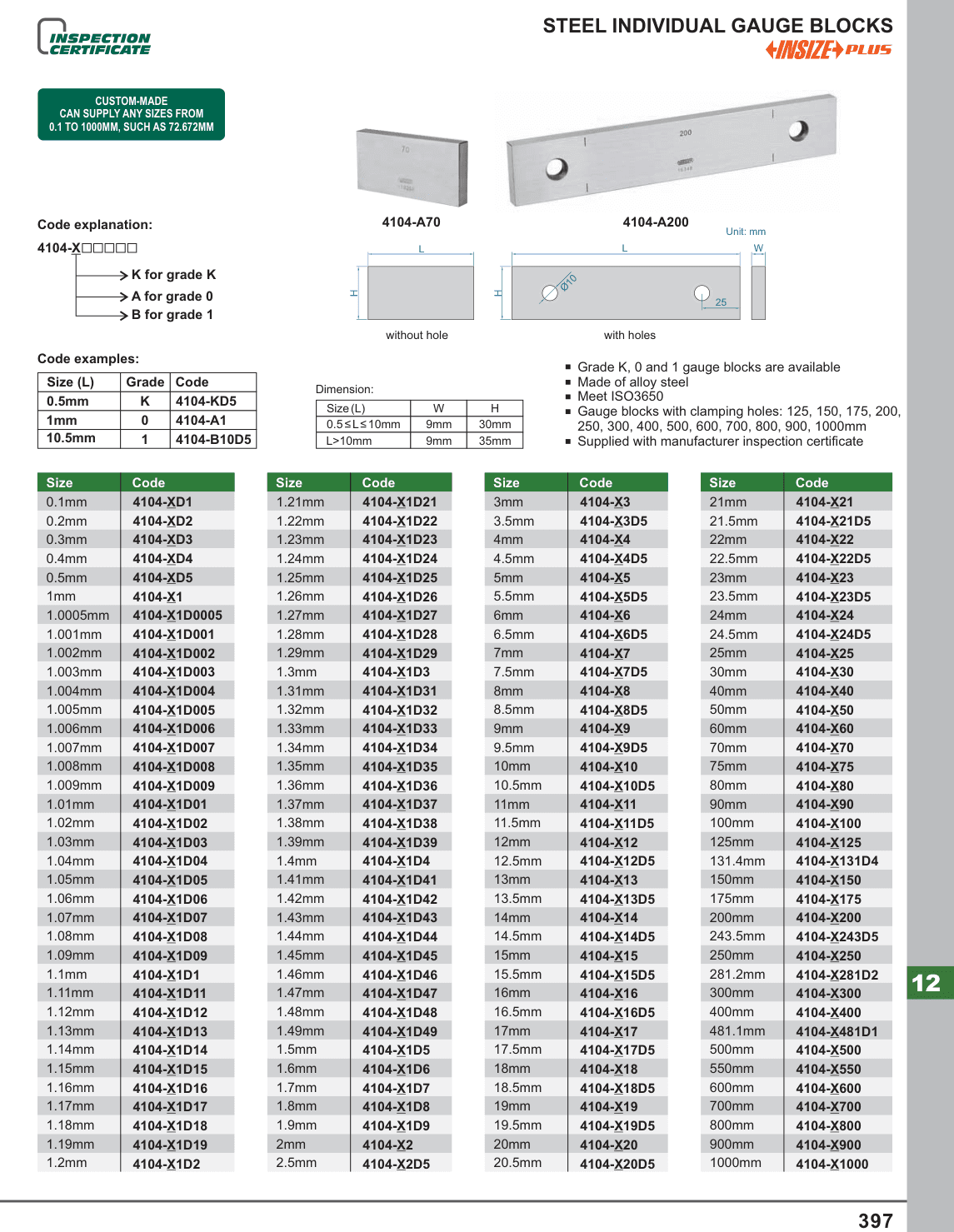 INSIZE Steel Individual Gauge Blocks (4104-A70)