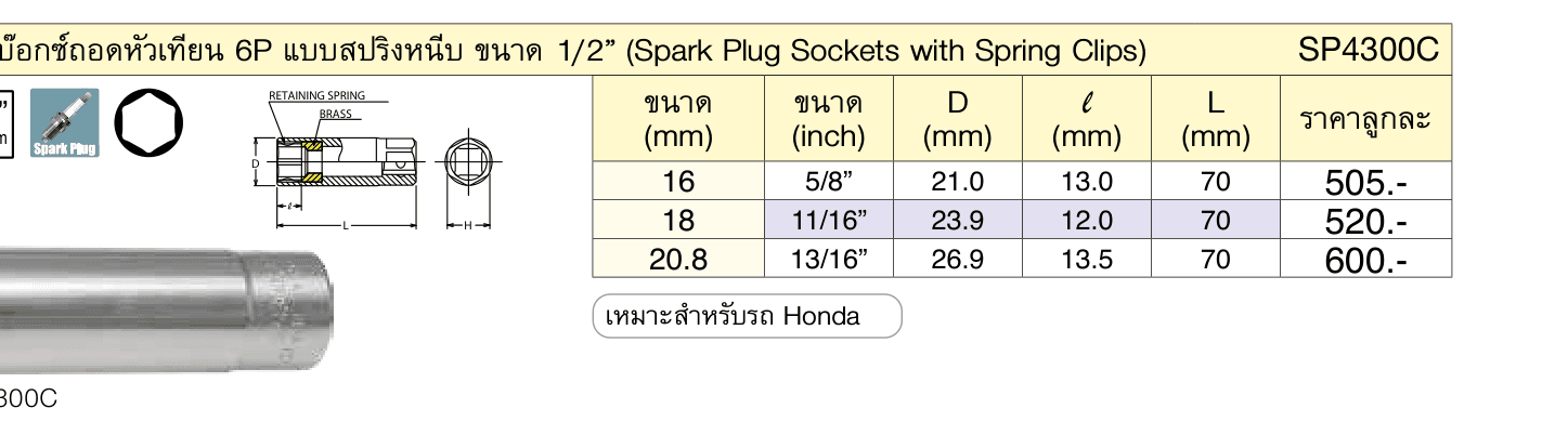 ลูกบ๊อกซ์ถอดหัวเทียน 6P แบบสปริงหนีบ ขนาด 1/2” (Spark Plug Sockets with Spring Clips)