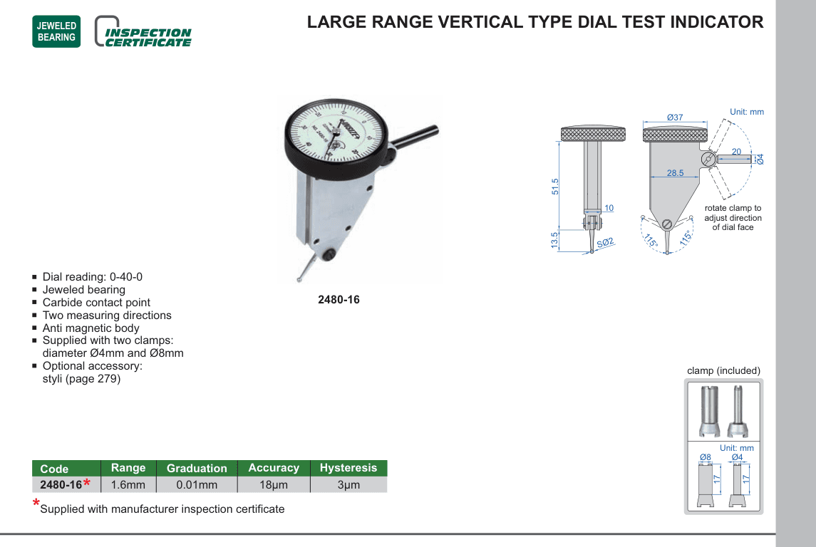 INSIZE Large Range Vertical Type Dial Test Indicator (2480-16)