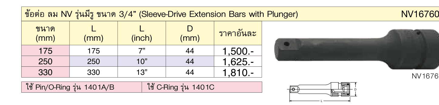 ข้อต่อ ลม NV รุ่นมีรู ขนาด 3/4” (Sleeve-Drive Extension Bars with Plunger)
