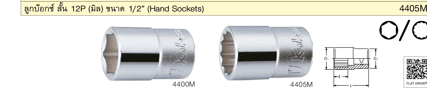 ลูกบ๊อกซ์ สั้น 12P (มิล) ขนาด 1/2” (Hand Sockets)