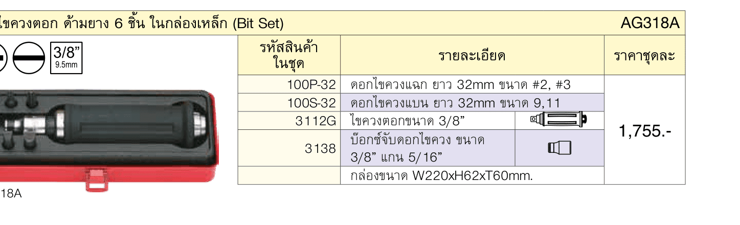 ขุดไขควงตอก ด้ามยาง 6 ชิ้น ในกล่องเหล็ก (Bit Set)