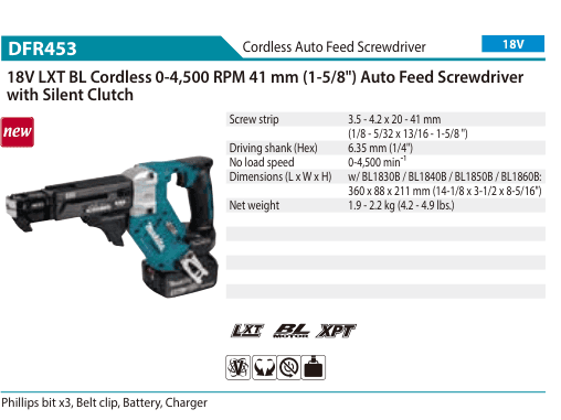 ไขควงป้อนสกรูอัตโนมัติไร้สาย Makita DFR453