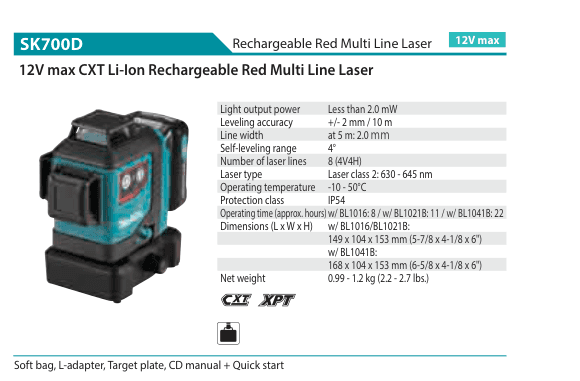 Rechargeable Red Multi Line Laser Makita SK700D