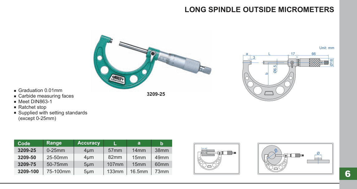 INSIZE Long Spindle Outside Micrometers (3209-25)