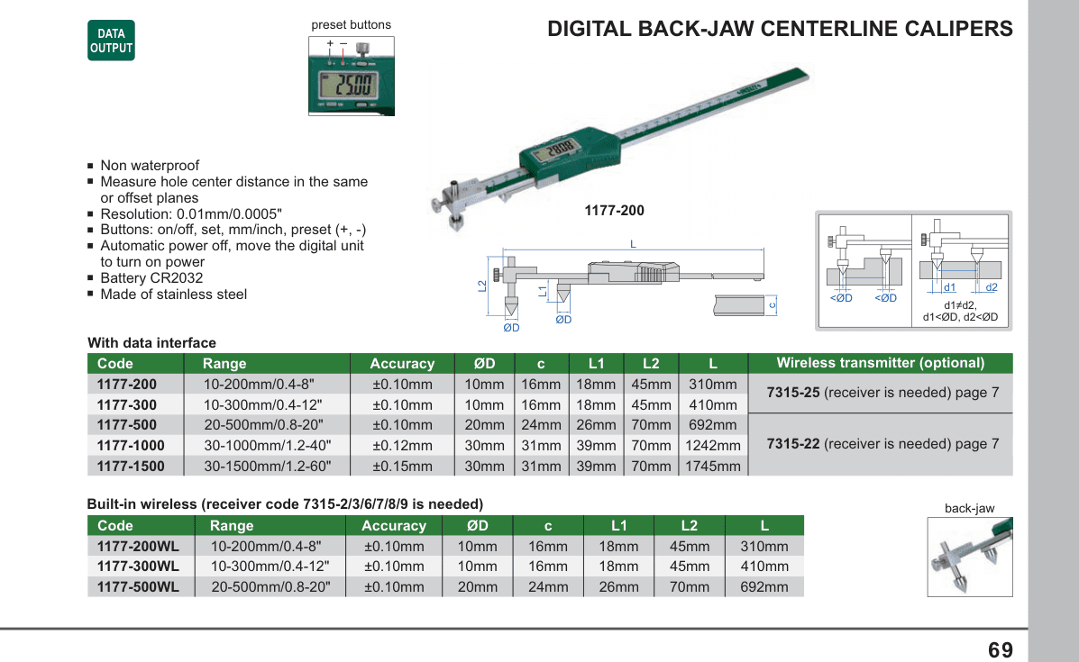 INSIZE Digital Back-Jaw Centerline Calipers (1177-200)