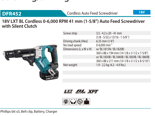 ไขควงป้อนสกรูอัตโนมัติไร้สาย Makita DFR452