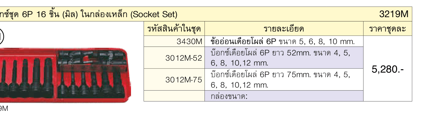 บ๊อกซ์ชุด 6P 16 ชิ้น (มิล) ในกล่องเหล็ก (Socket Set)