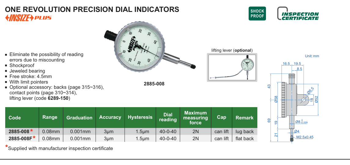 INSIZE One Revolution Precision Dial Indicators (2885-008)