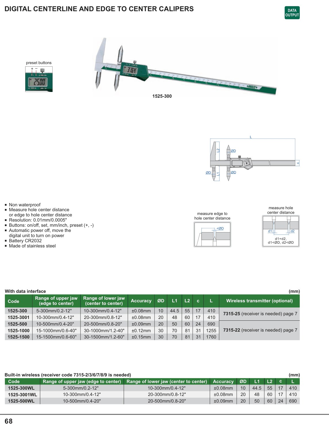 INSIZE Digital Centerline And Edge To Center Calipers (1525-300)