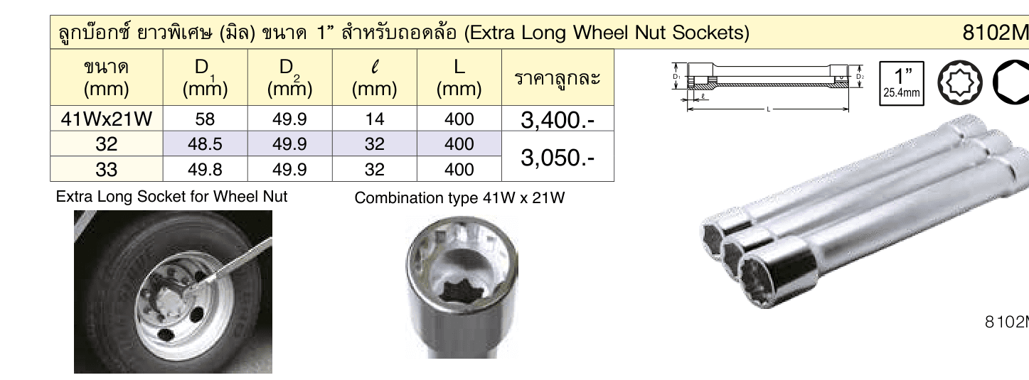 ลูกบ๊อกซ์ ยาวพิเศษ (มิล) ขนาด 1” สำ�หรับถอดล้อ (Extra Long Wheel Nut Sockets)