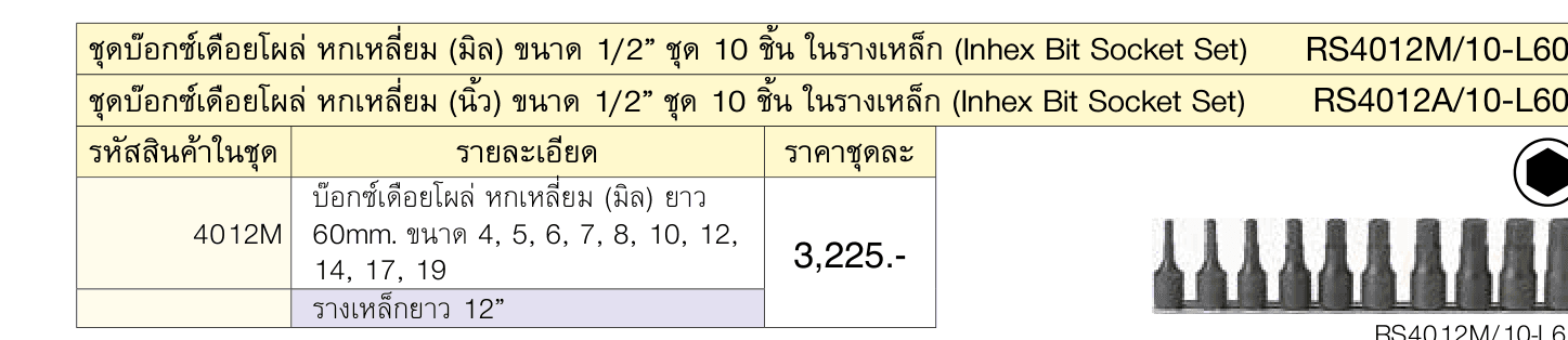ชุดบ๊อกซ์เดือยโผล่ หกเหลี่ยม (มิล) ขนาด 1/2” ชุด 10 ชิ้น ในรางเหล็ก (Inhex Bit Socket Set)
