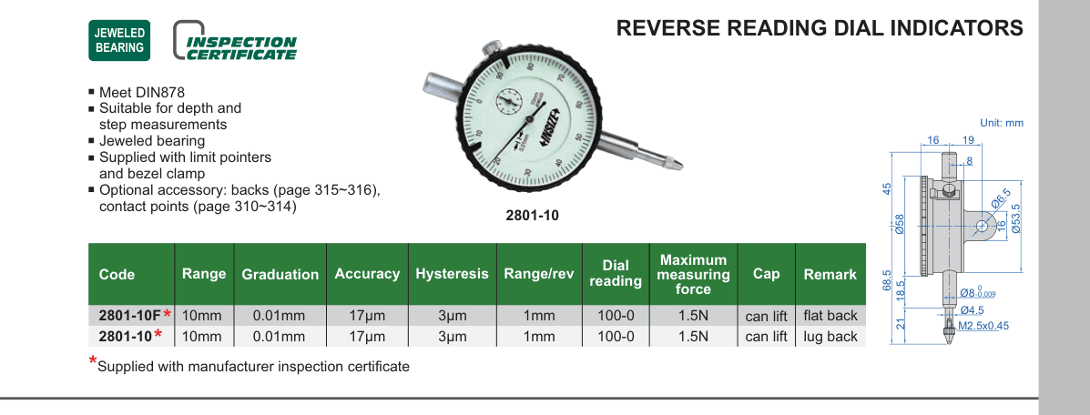 INSIZE Reverse Reading Dial Indicators (2801-10)