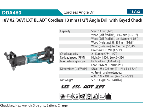 สว่านหักมุมไร้สาย Makita DDA460