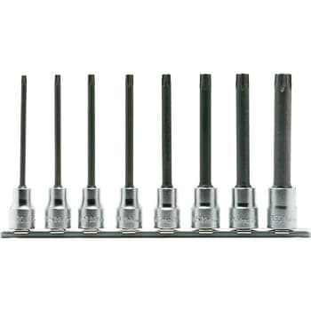 บ๊อกซ์เดือยโผล่ ท๊อกซ์ มีรู ขนาด 3/8” ยาว 100mm. ชุด 8 ชิ้น ในรางเหล็ก (Bit Socket Set)