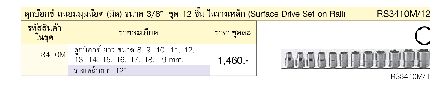 ลูกบ๊อกซ์ ถนอมมุมน๊อต (มิล) ขนาด 3/8” ชุด 12 ชิ้น ในรางเหล็ก (Surface Drive Set on Rail)