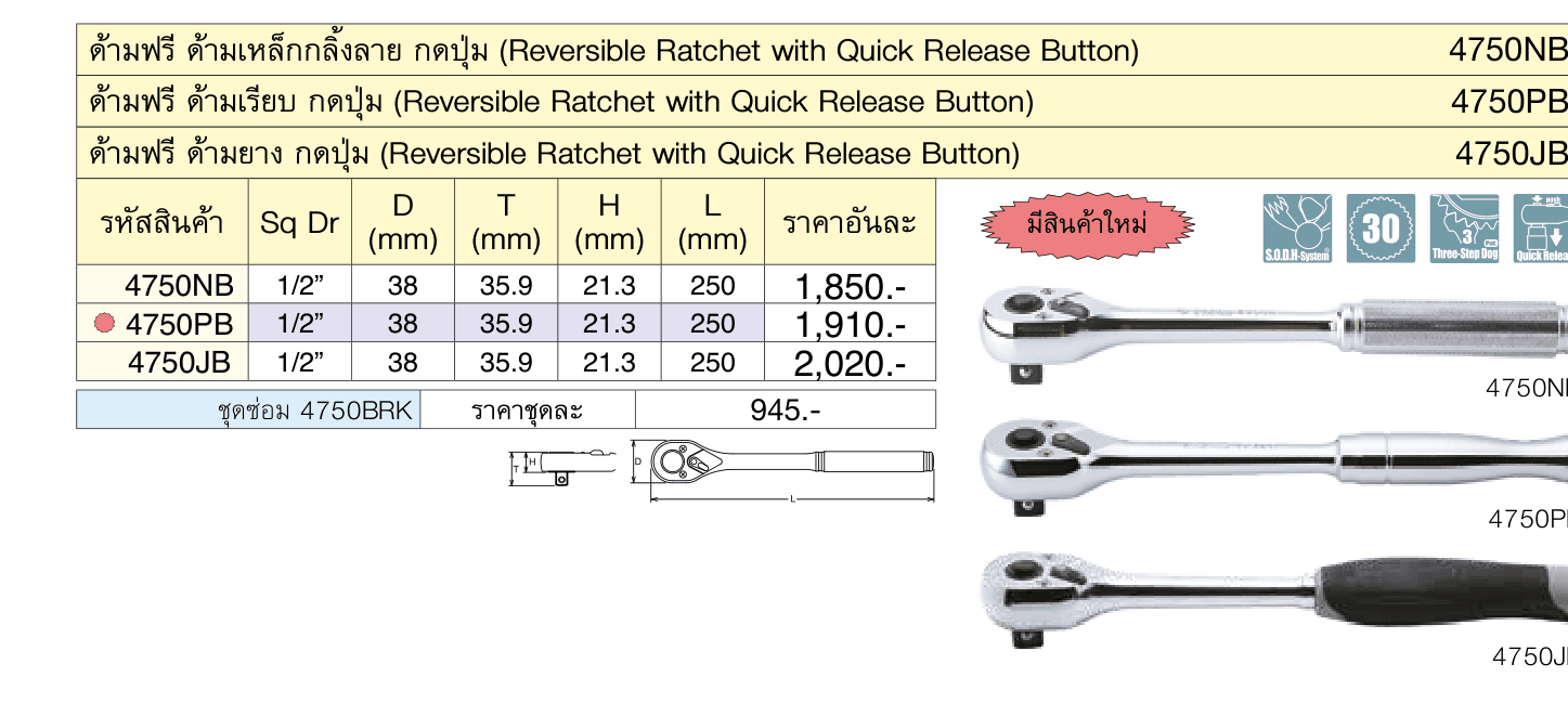 ด้ามฟรี ด้ามยาง กดปุ่ม (Reversible Ratchet with Quick Release Button)