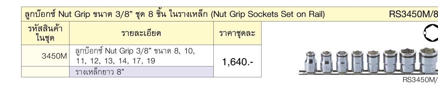 ลูกบ๊อกซ์ Nut Grip ขนาด 3/8” ชุด 8 ชิ้น ในรางเหล็ก (Nut Grip Sockets Set on Rail)