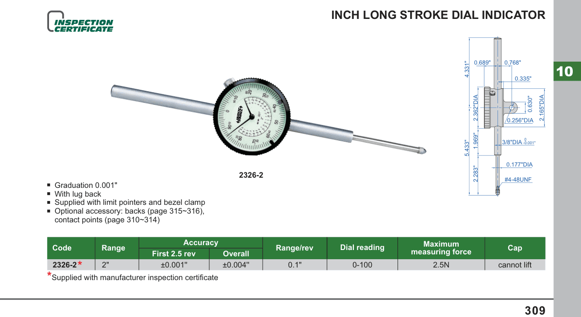 INSIZE Inch Long Stroke Dial Indicator (2326-2)