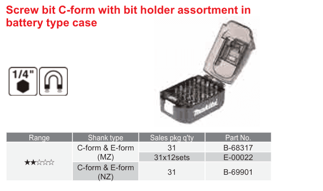 อุปกรณ์เสริม Makita — Screw bit C-form with bit holder assortment in battery type case