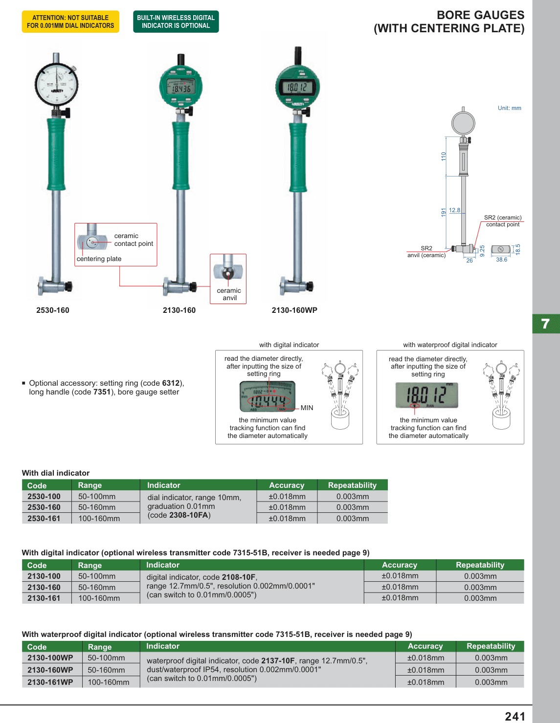 INSIZE Bore Gauges (With Centering Plate) (2130-160WP)