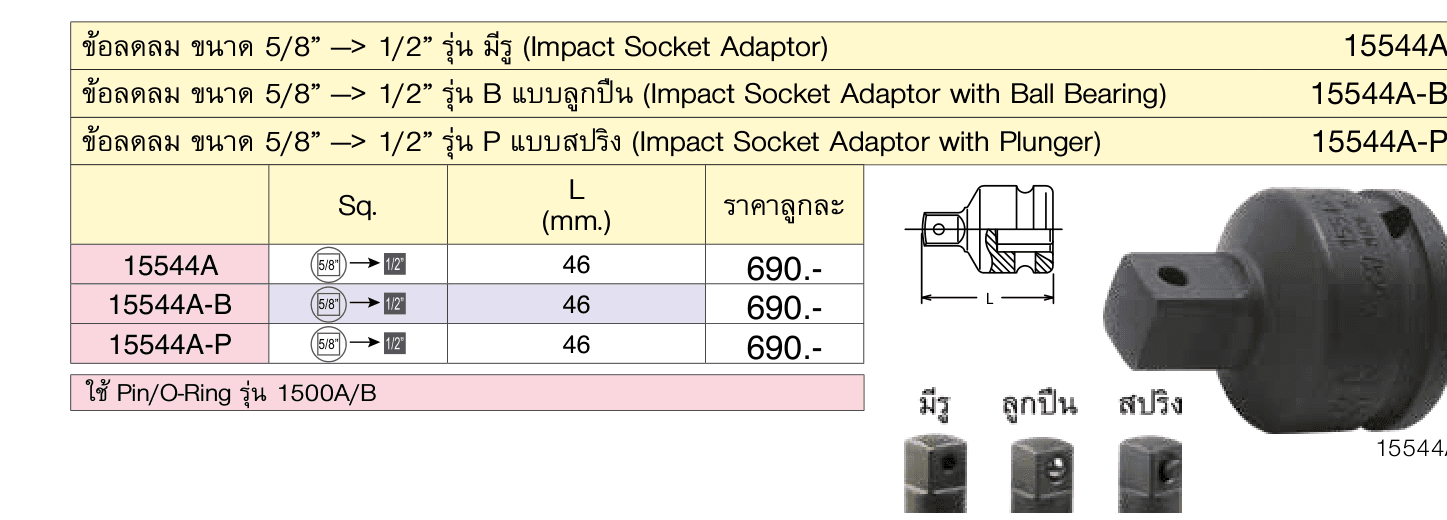 ข้อลดลม ขนาด 5/8” —> 1/2” รุ่น P แบบสปริง (Impact Socket Adaptor with Plunger)
