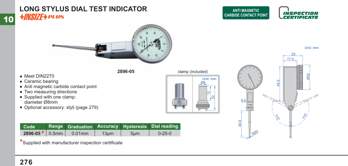 INSIZE Long Stylus Dial Test Indicator (2896-05)