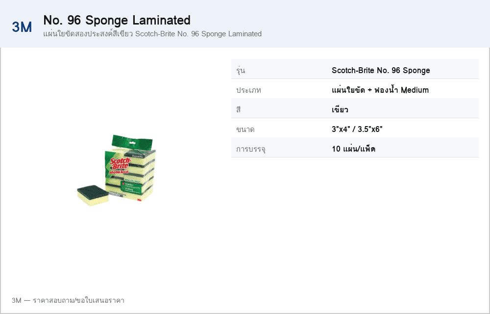 แผ่นใยขัดสองประสงค์สีเขียว Scotch-Brite No. 96 Sponge Laminated