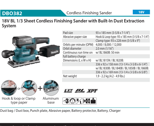 เครื่องขัดกระดาษทรายไร้สาย Makita DBO382