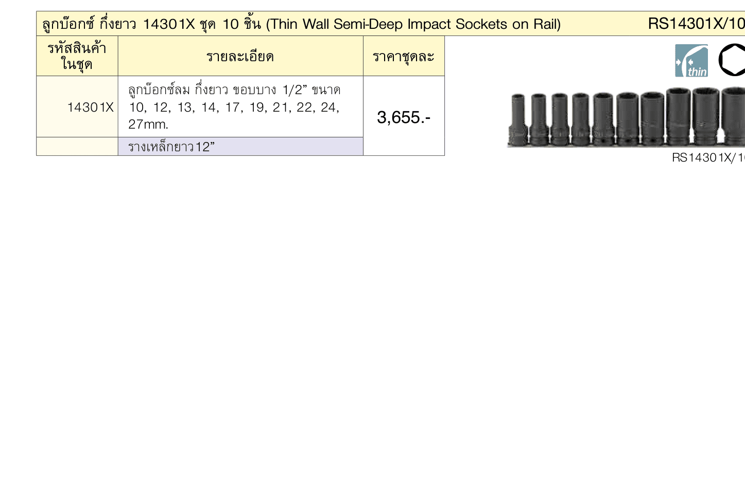 ลูกบ๊อกซ์ กึ่งยาว 14301X ชุด 10 ชิ้น (Thin Wall Semi-Deep Impact Sockets on Rail)