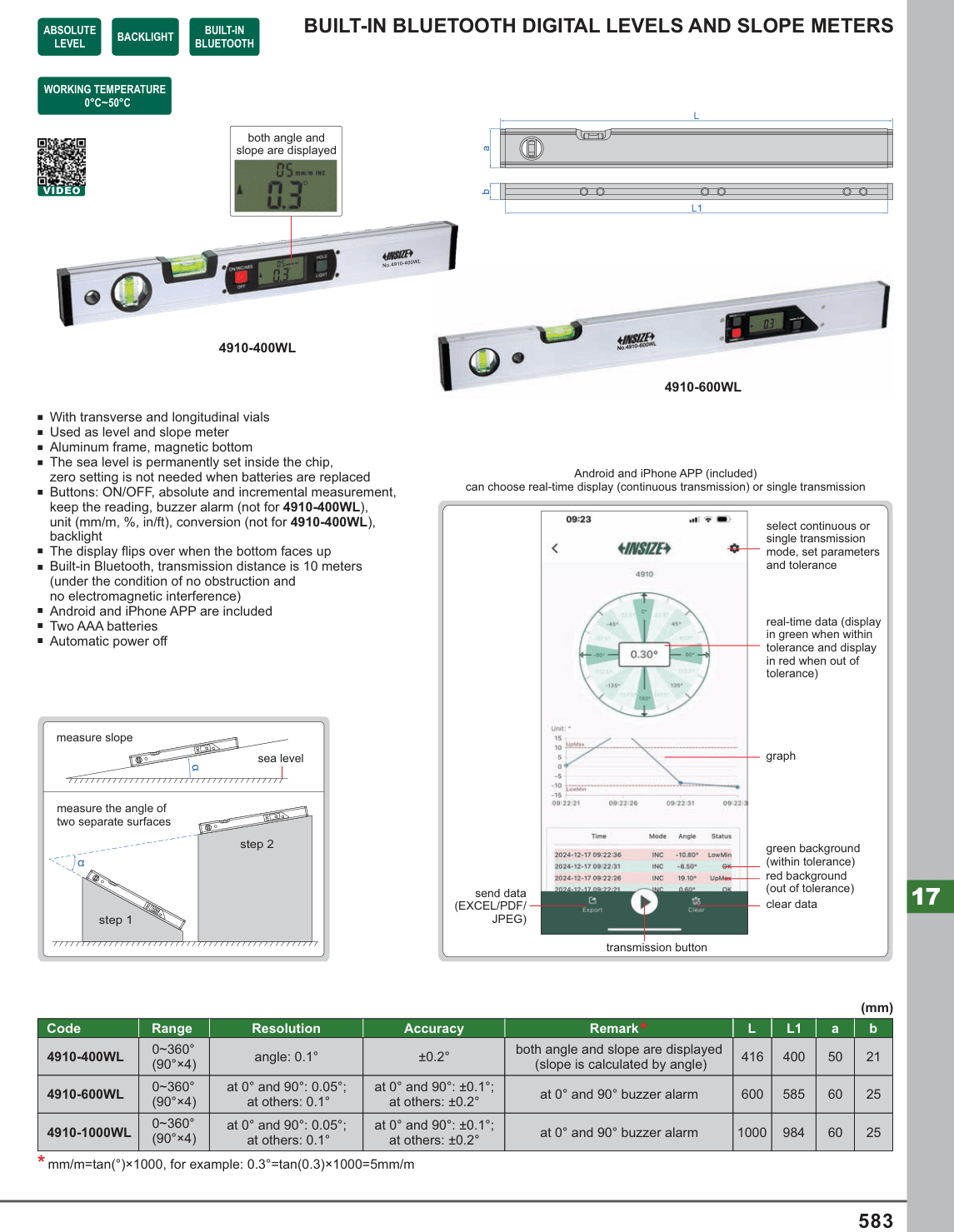 INSIZE Built-In Bluetooth Digital Levels And Slope Meters (4910-400WL)